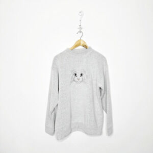 Vtg 90s Streetwear Womens L Cat Kitten Terry Cloth Sweatshirt Heather Gray USA